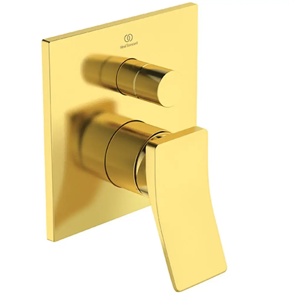 Wandmontierte Badarmatur in gebürstetem Goldfinish mit zwei Bedienelementen. Ideal Standard-Logo auf der Oberseite sichtbar.